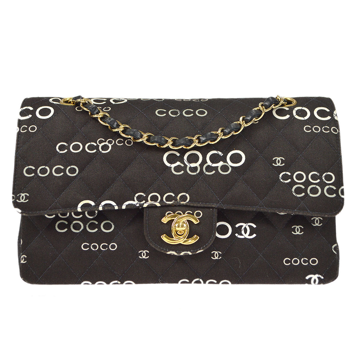 CHANEL 2001-2003 COCO patterned Classic Double Flap Medium Black Canvas 47523