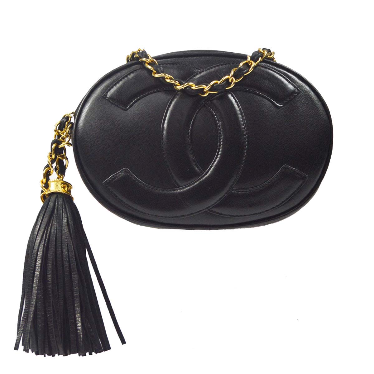 CHANEL 1989-1991 Oval Shoulder Bag Black Lambskin 48526