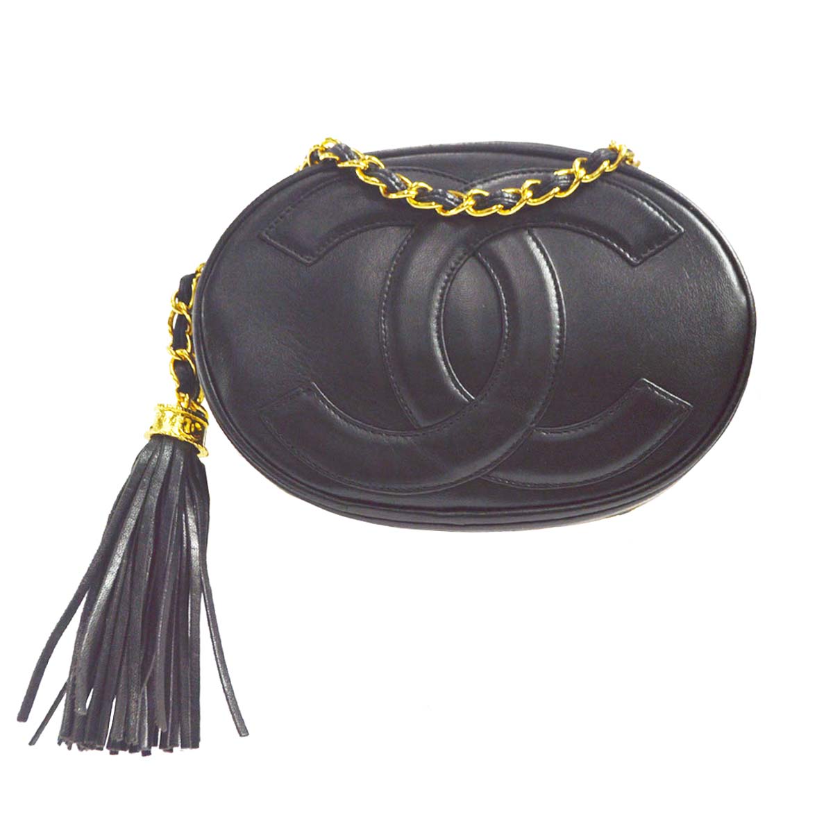 CHANEL 1989-1991 Oval Shoulder Bag Black Lambskin 58063