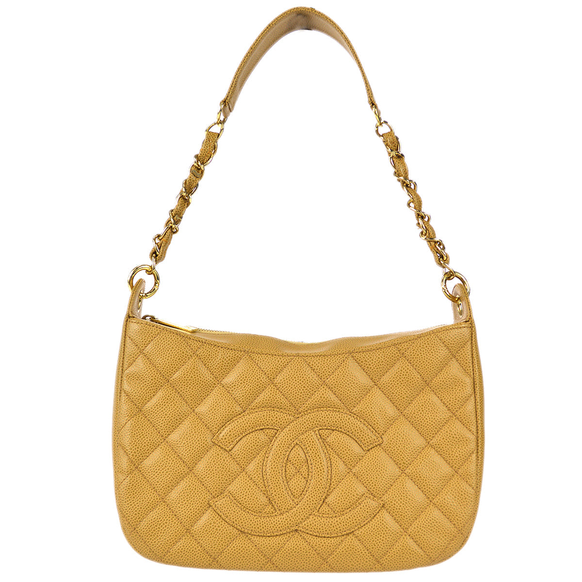 Chanel 2003-2004 Hobo Shoulder Bag Beige Caviar
