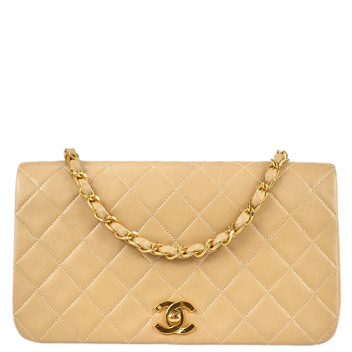 Chanel 1989-1991 Beige Lambskin Small Full Flap Bag
