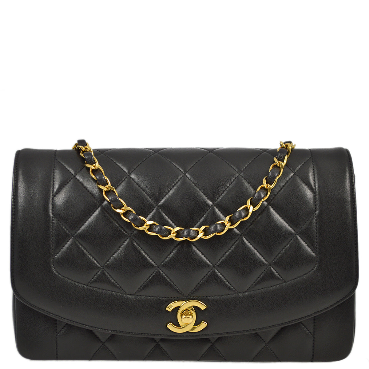 Chanel 1991-1994 Black Lambskin Medium Diana Flap Bag