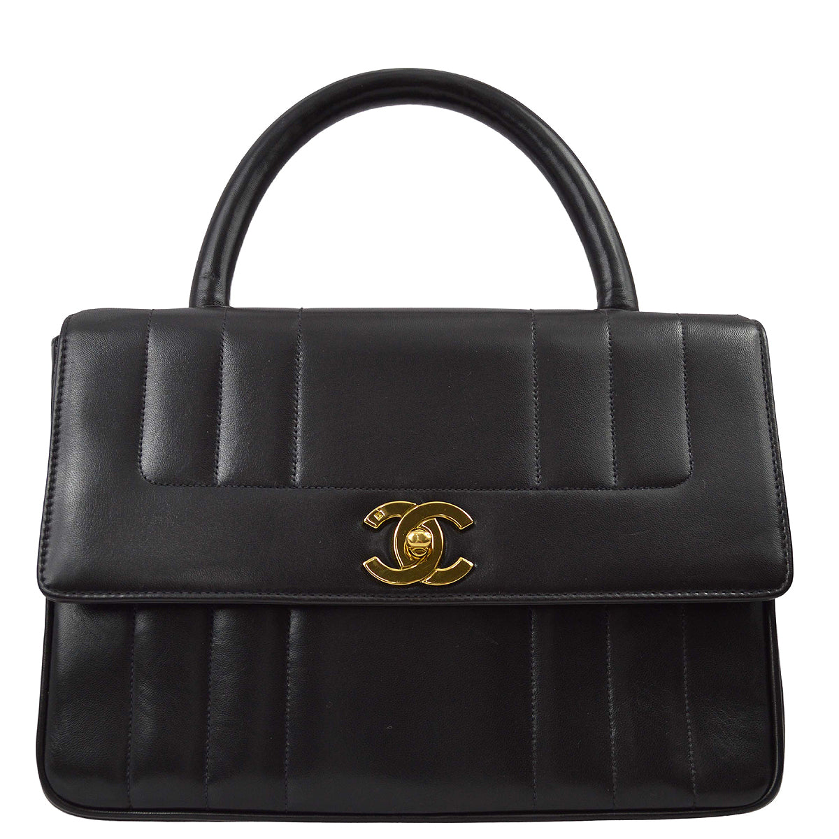 Chanel 1994-1996 Black Lambskin Mademoiselle Straight Flap Handbag