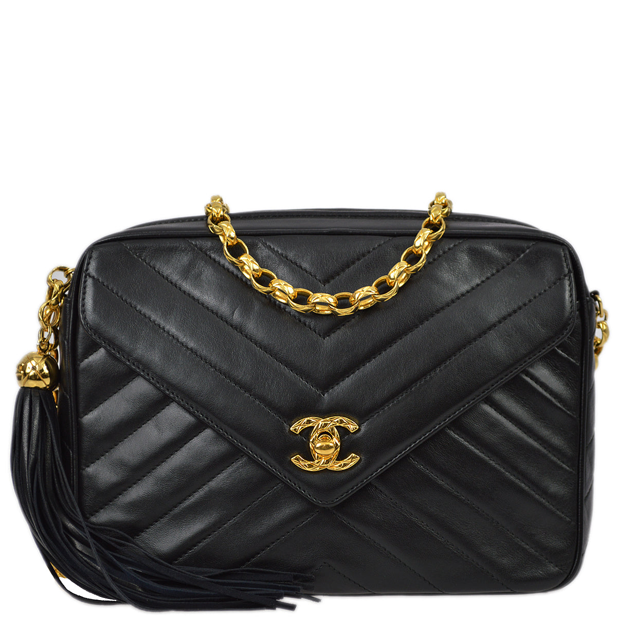 Chanel 1991-1994 Black Lambskin Small Chevron Pocket Camera Bag