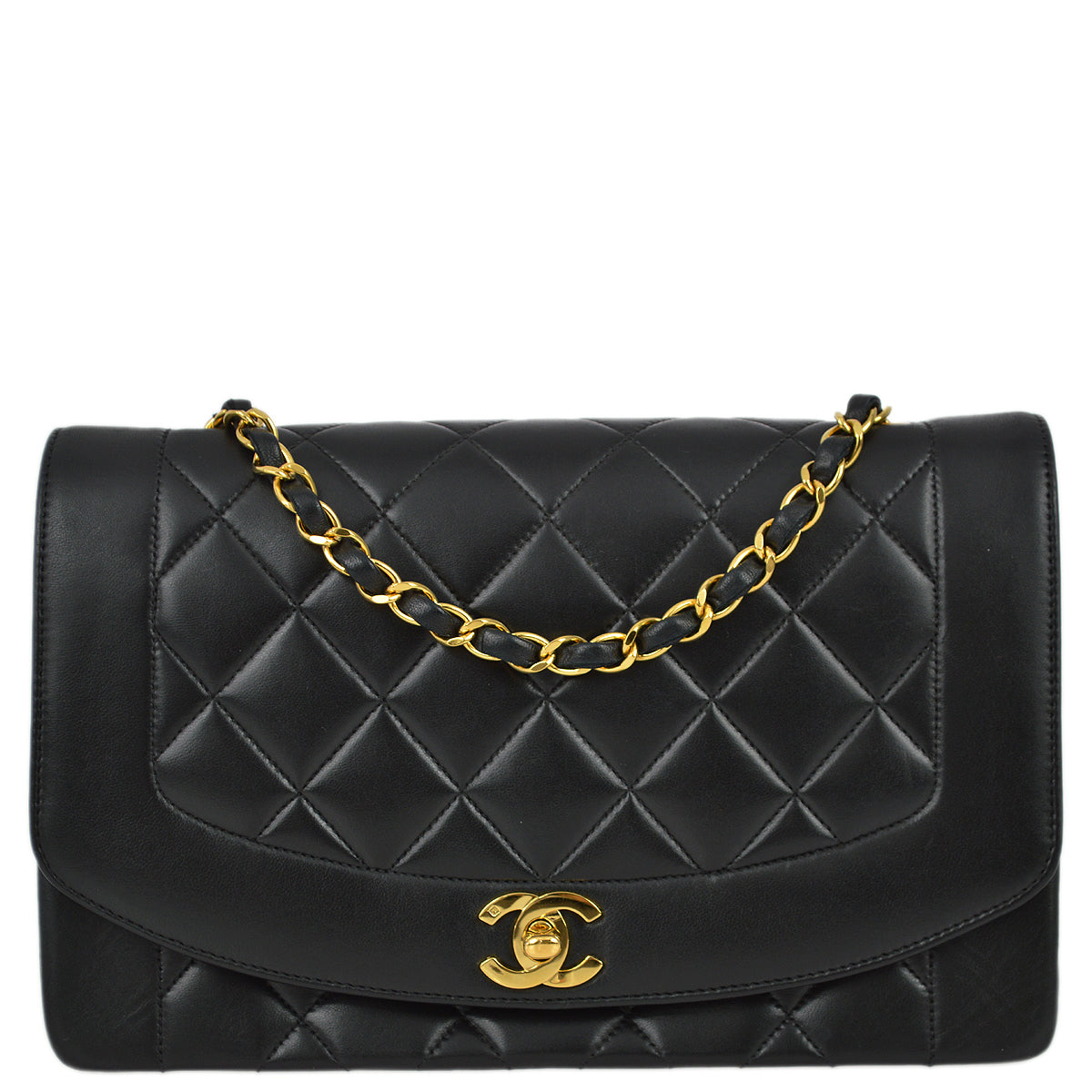 Chanel 1991-1994 Black Lambskin Medium Diana Flap Bag