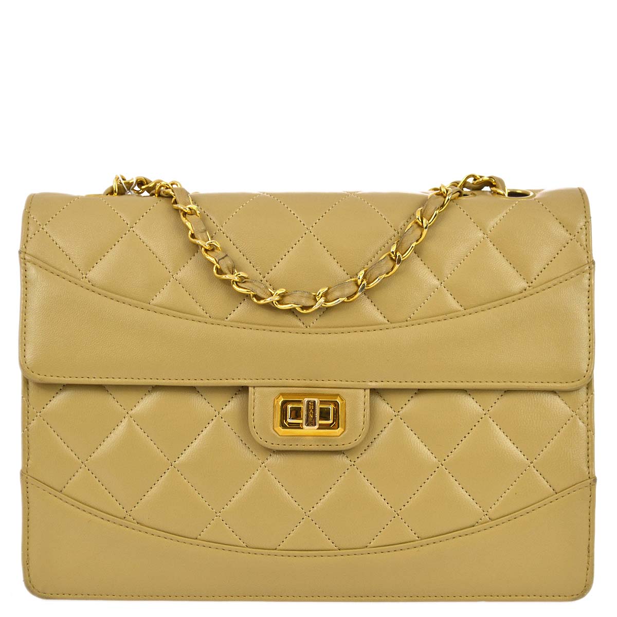 Chanel 1989-1991 Beige Lambskin Medium Mademoiselle Lock Flap Bag