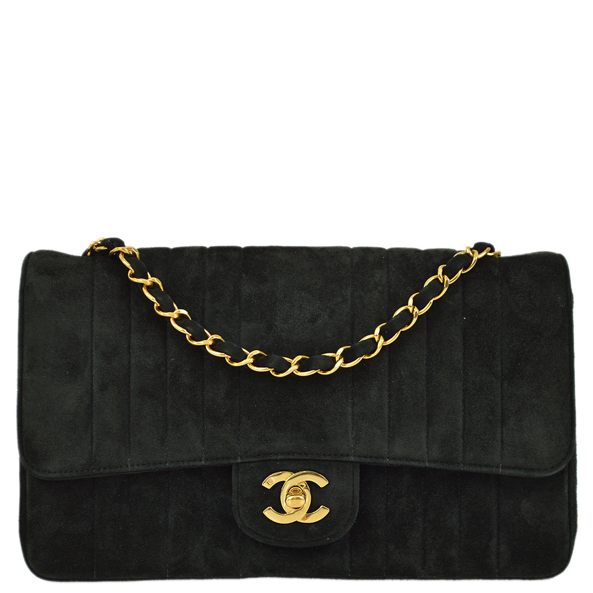 Chanel 1991-1994 Black Suede Medium Vertical Stitch Single Flap Bag