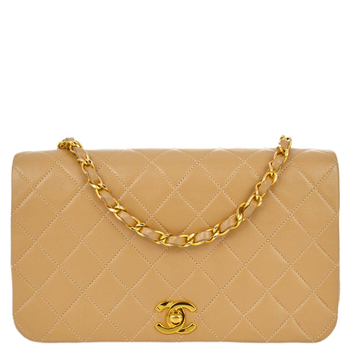 Chanel 1989-1991 Beige Lambskin Turnlock Small Full Flap Shoulder Bag