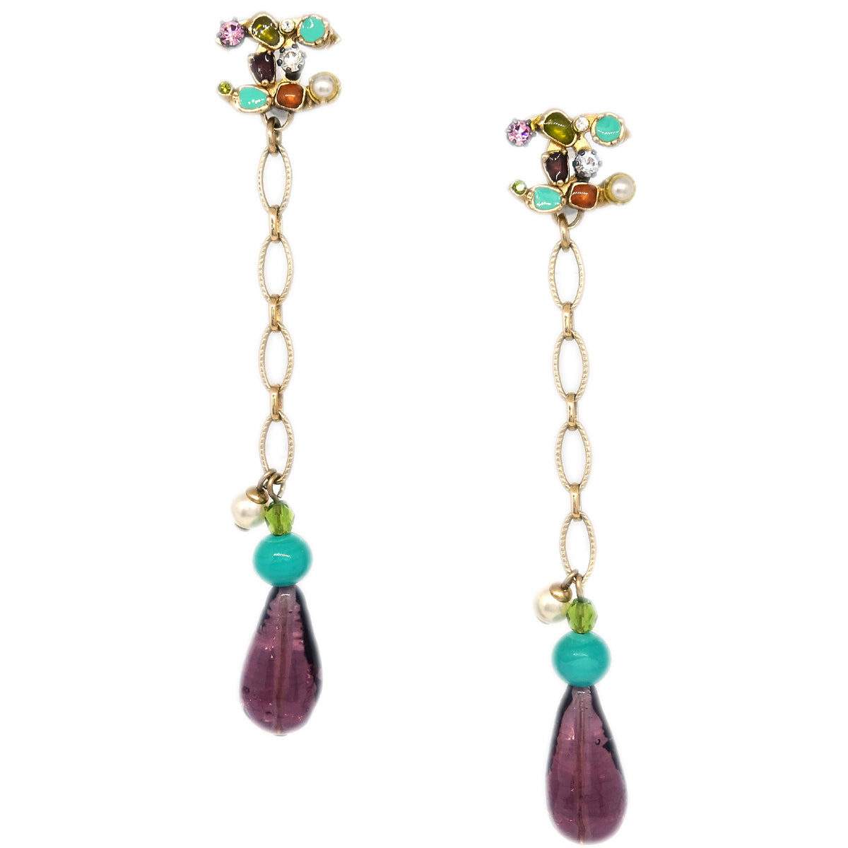 Chanel Costume Pearl Rhinestone Dangle Earrings Gold 05P