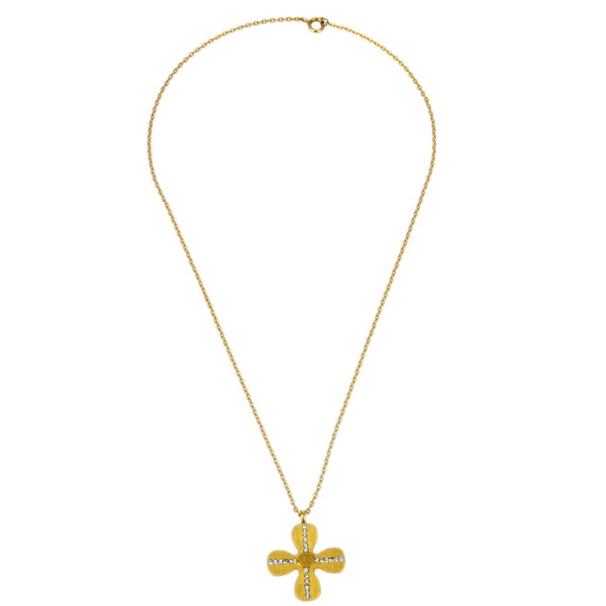 Chanel Clover Chain Pendant Necklace Rhinestone Gold 01C
