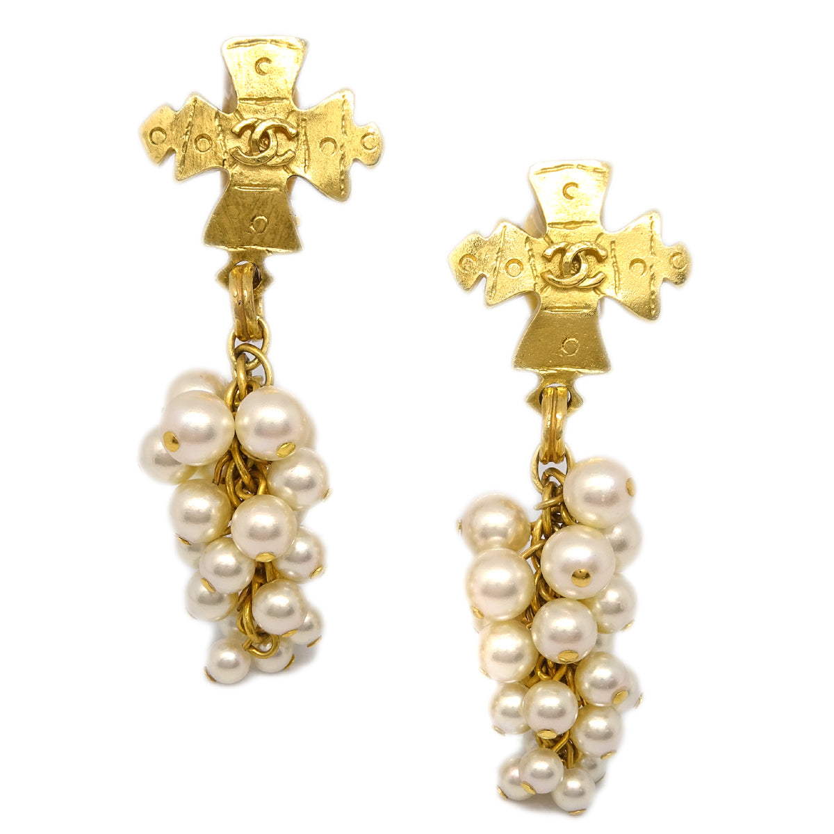 Chanel Costume Pearl Dangle Earrings Clip-On Gold 94P