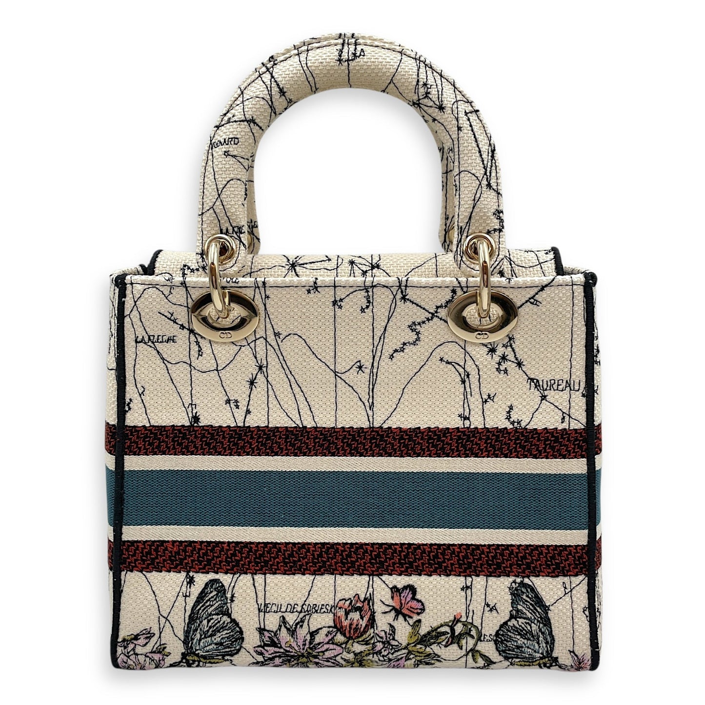 Lady Dior D Lite Medium White Top Handle Bag in Canvas, Gold hardware