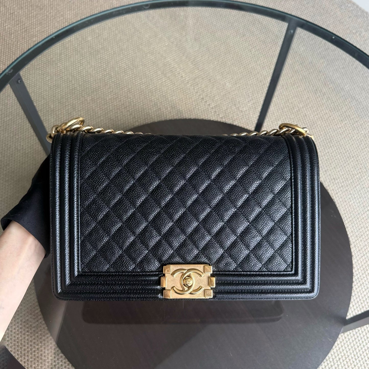 Chanel Boy New Medium - Caviar 28CM Quilted Grained Calfskin Black Gold Hardware Series 23