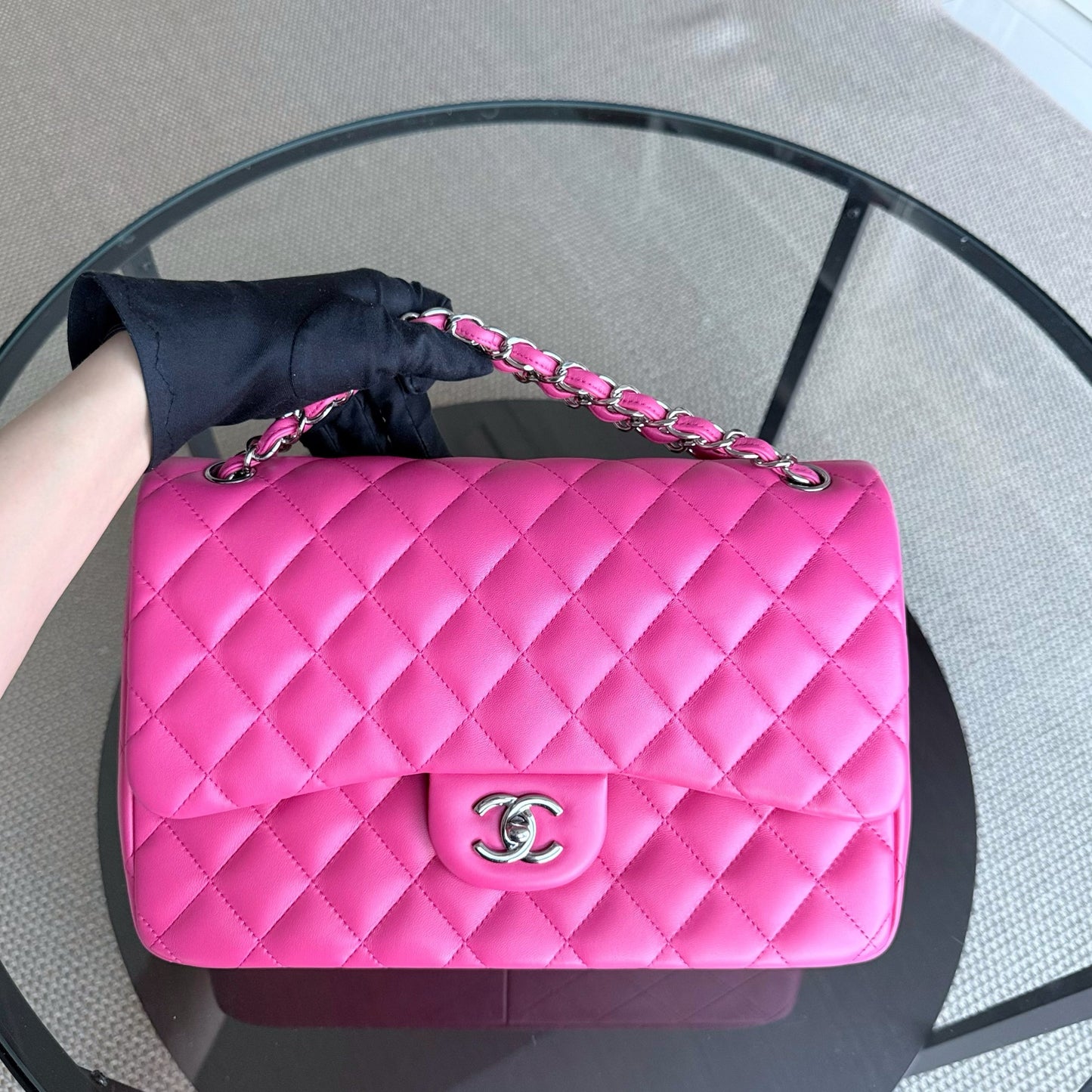 Chanel Classic Flap Jumbo - Double Flap 30CM Quilted Lambskin Hot Pink Silver Hardware Series 19