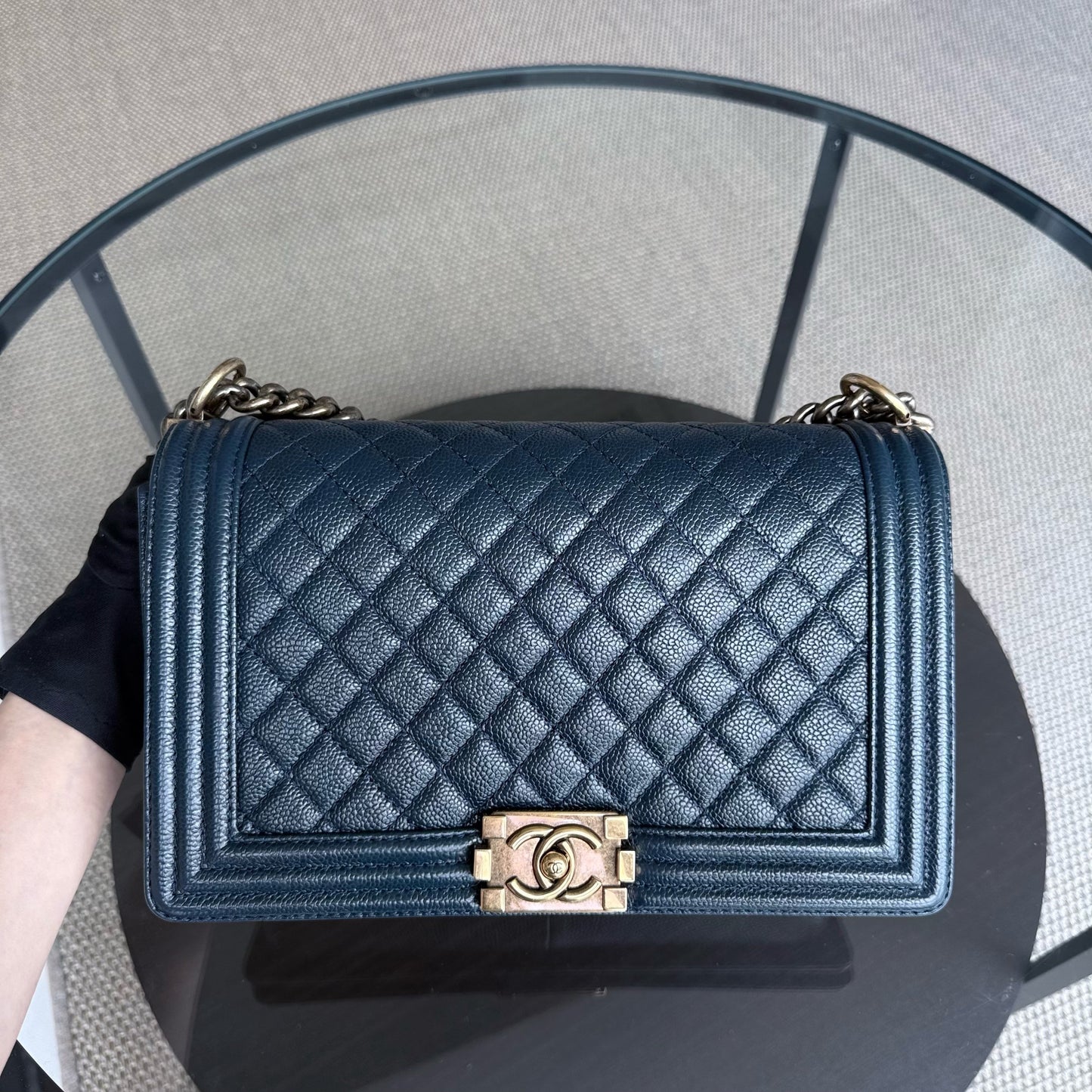 Chanel Boy New Medium - 28CM Caviar Quilted Grained Calfskin Dark Navy Blue Ruthenium Gold Hardware