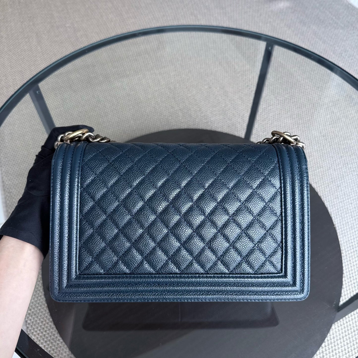 Chanel Boy New Medium - 28CM Caviar Quilted Grained Calfskin Dark Navy Blue Ruthenium Gold Hardware