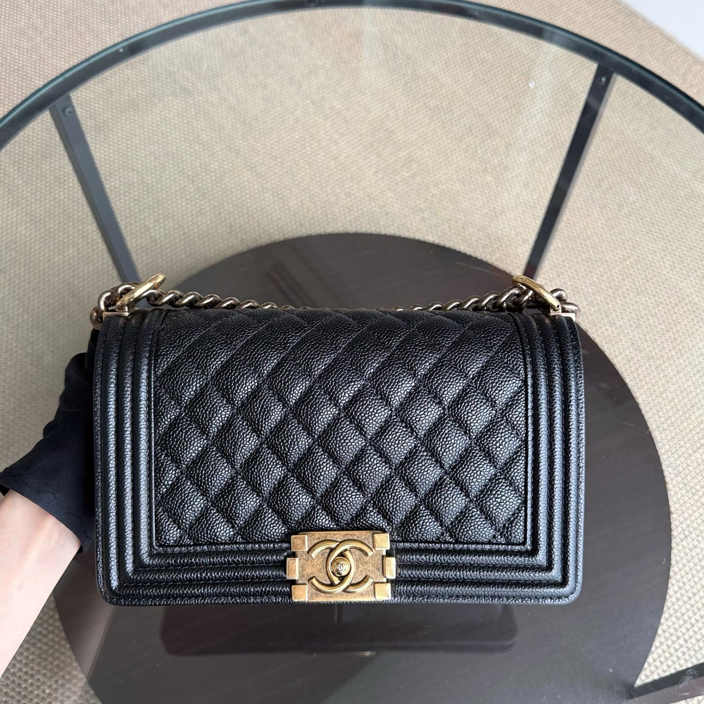 Chanel Boy Medium - Caviar 25CM Quilted Grained Calfskin Black Gold Hardware Series 20