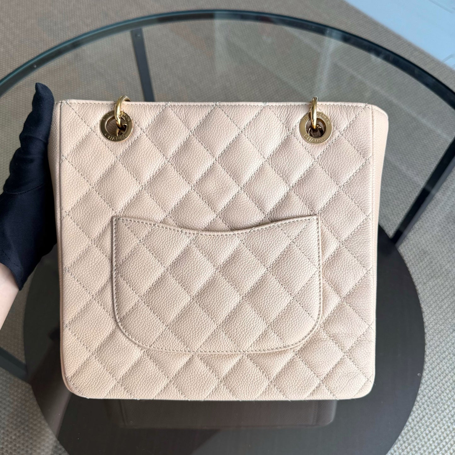 Chanel PST Petite Shopping Tote - Caviar Quilted Grained Calfskin Light Beige Gold Hardware Series 15