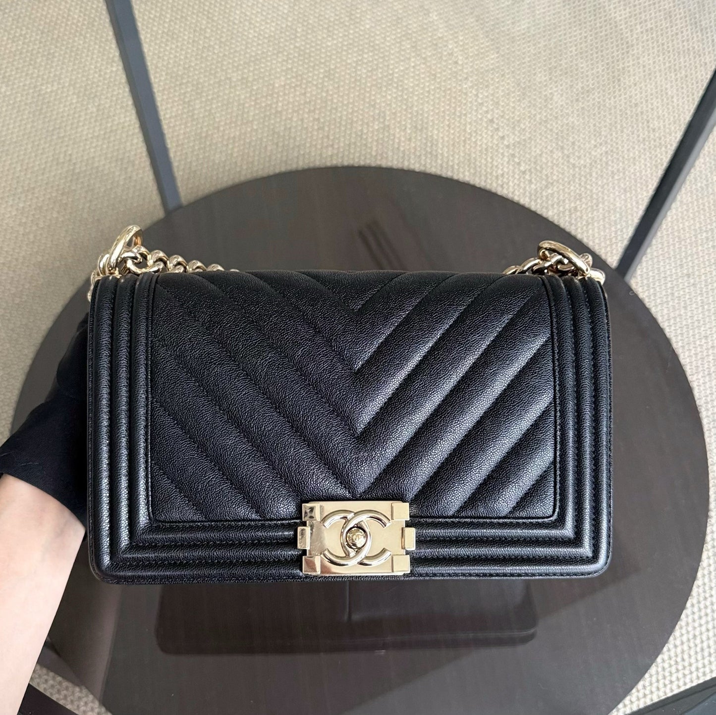 Chanel Boy Medium - Caviar 25CM Grained Calfskin Chevron Black Gold Hardware Series 30