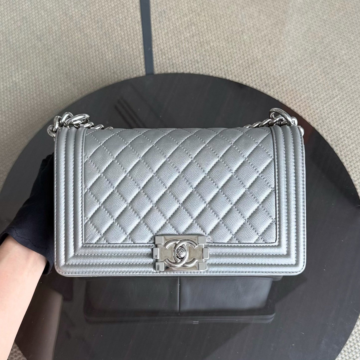 Chanel Boy Medium - Caviar 25CM Quilted Grained Calfskin Iridescent Silver Hardware Sereis 24