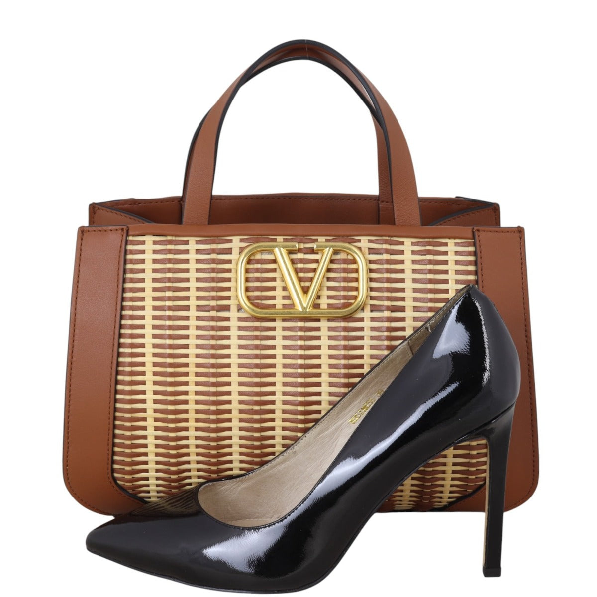 Valentino VLogo Plaque Top Handle Straw Bag