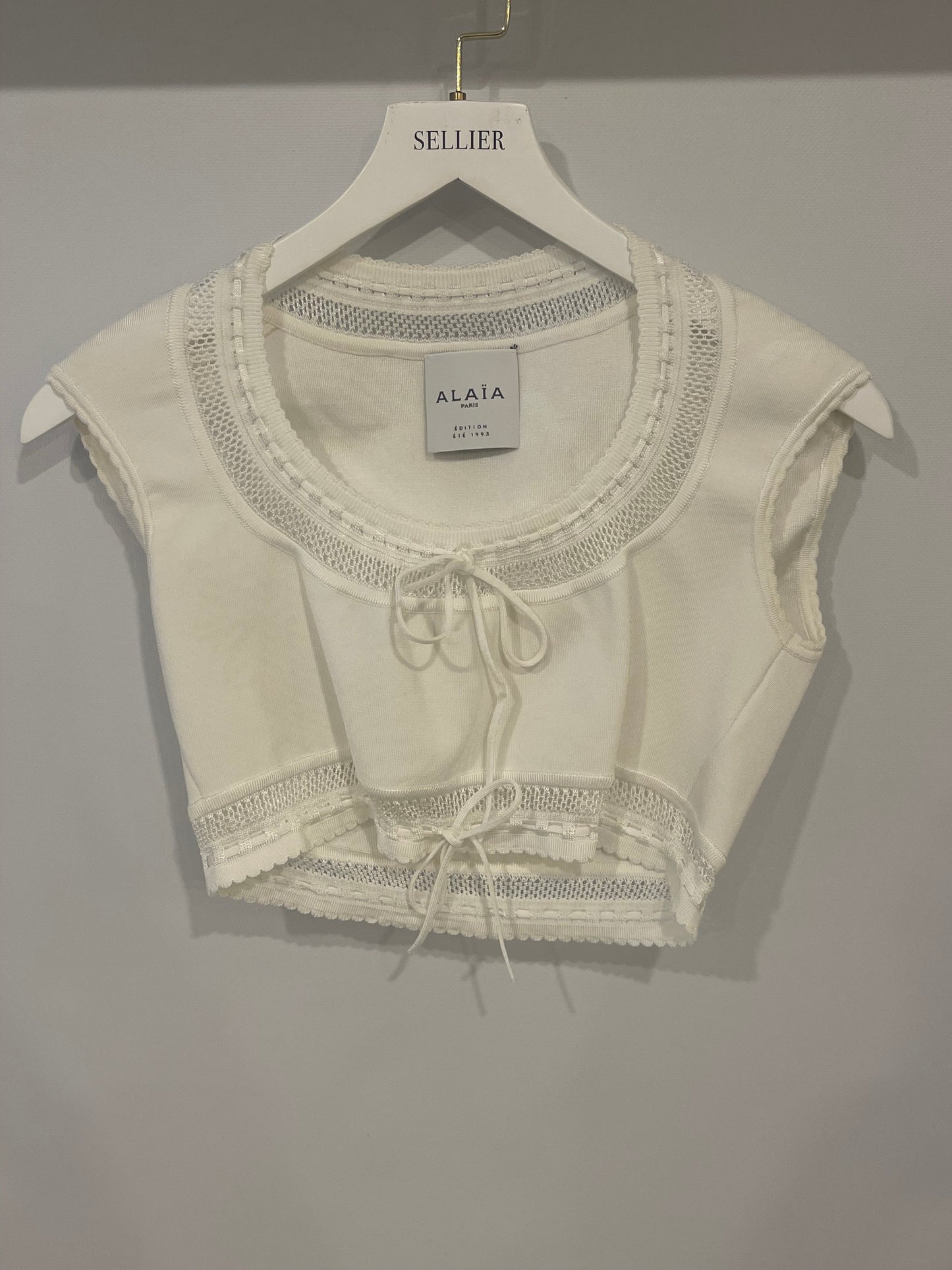 Ala•a White Short Sleeved Top with Knitted Detail Size FR 38 (UK 10)