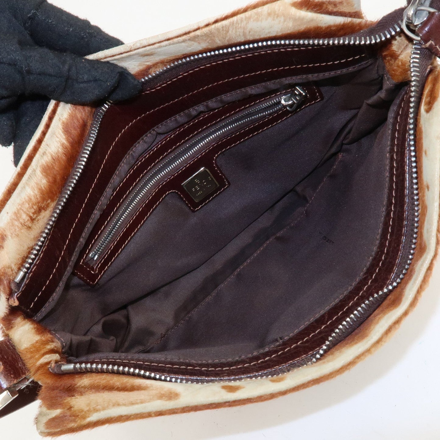 FENDI Unborn Calf Leather Shoulder Bag Brown Beige 26566  d