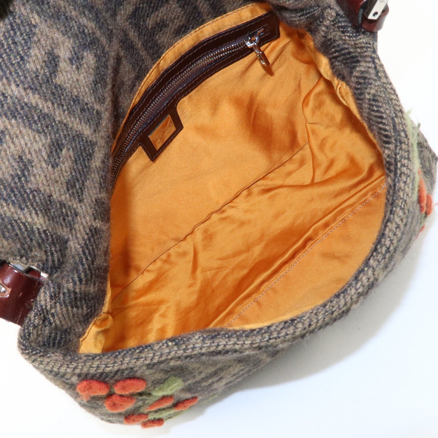 FENDI Mamma Baguette Wool Leather Shoulder Bag Tree Motif Khaki  d