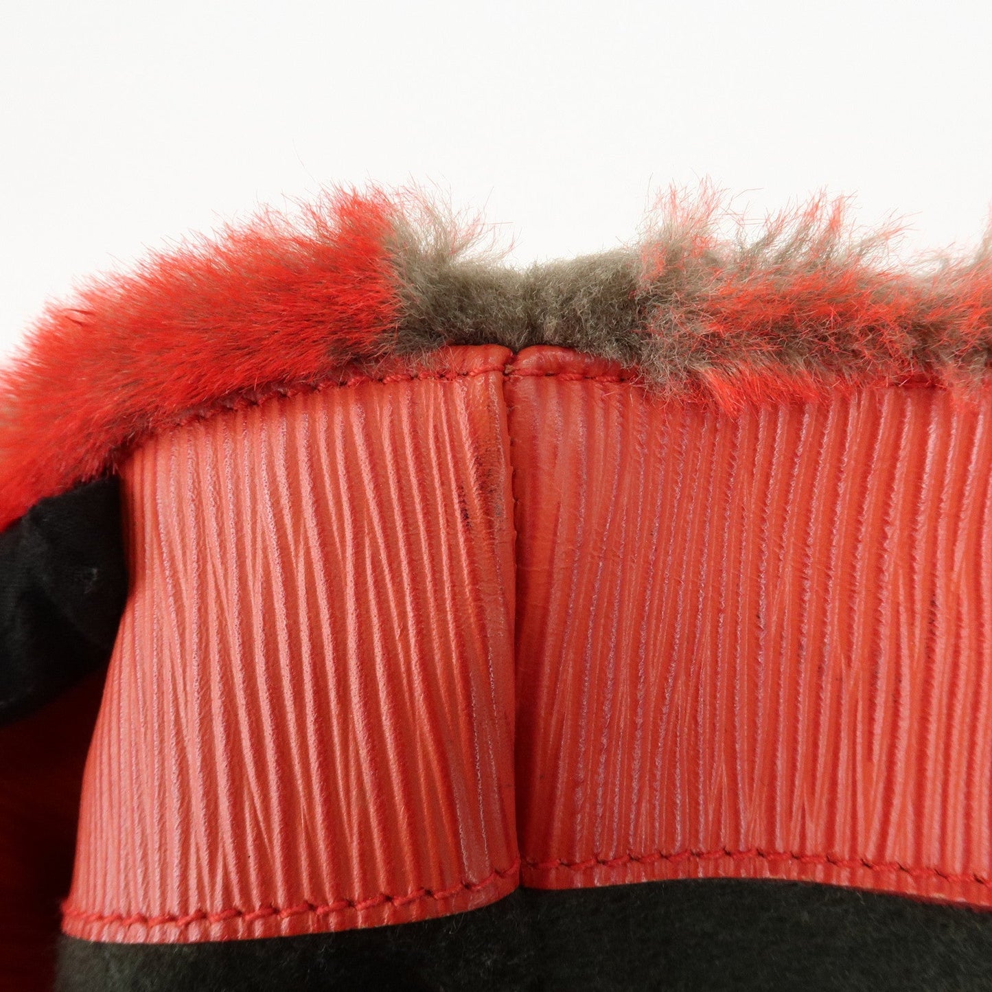 FENDI Leather Fake Fur Shoulder Bag Tote Bag Red  d