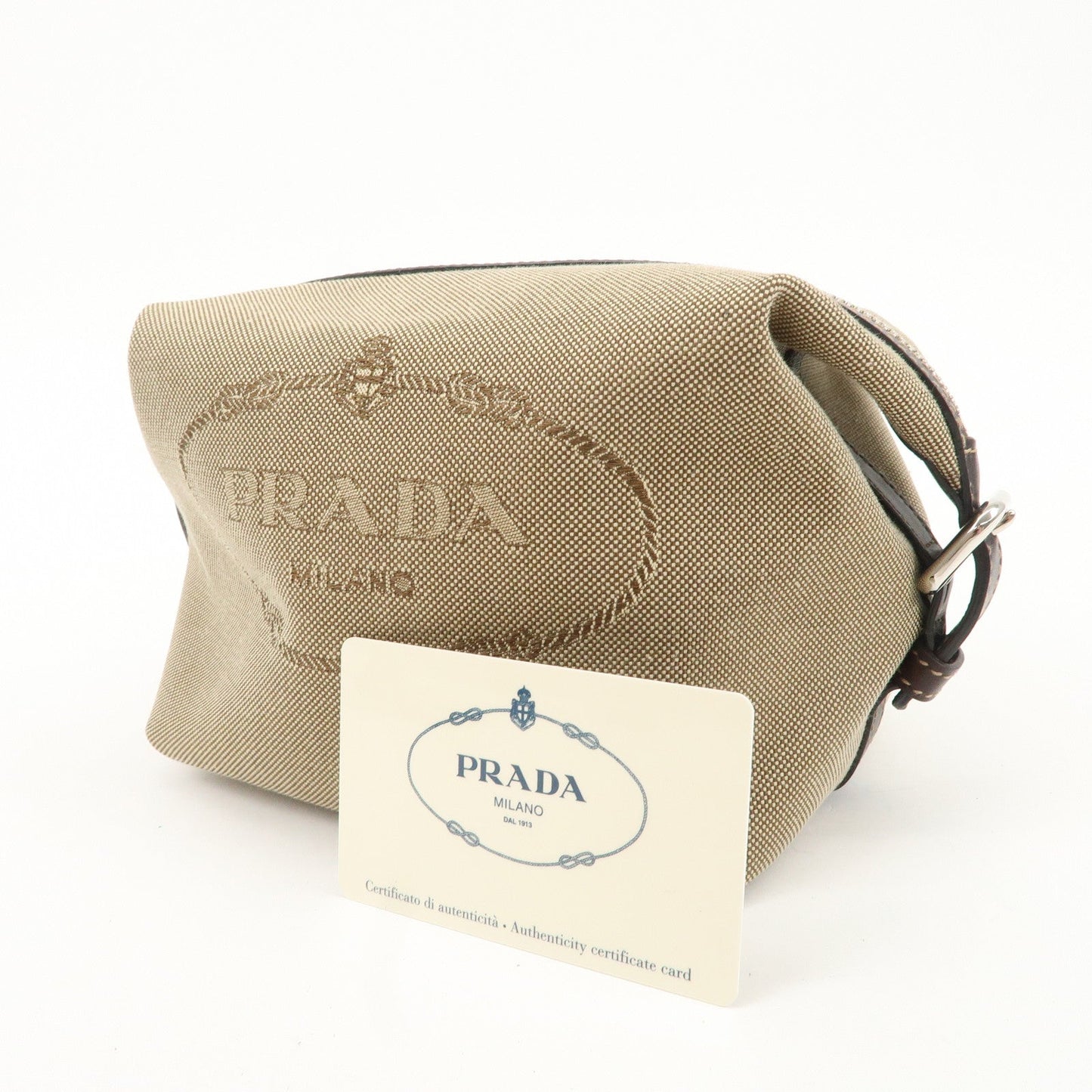 PRADA Logo Jacquard Leather Pouch Beige Brown 1N1298  d