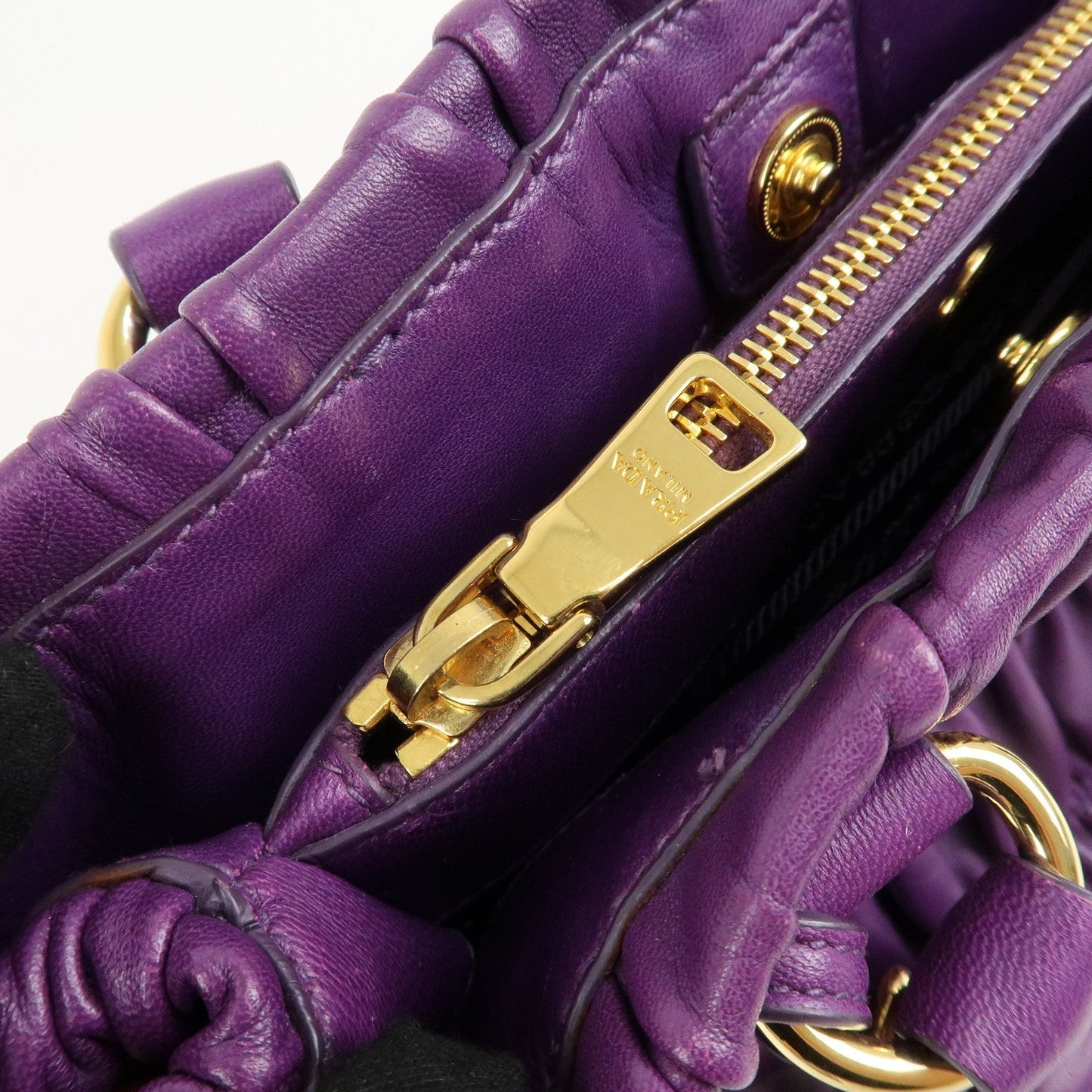 PRADA Leather Gathered Hand Bag Purple Gold Hardware BN2394  d