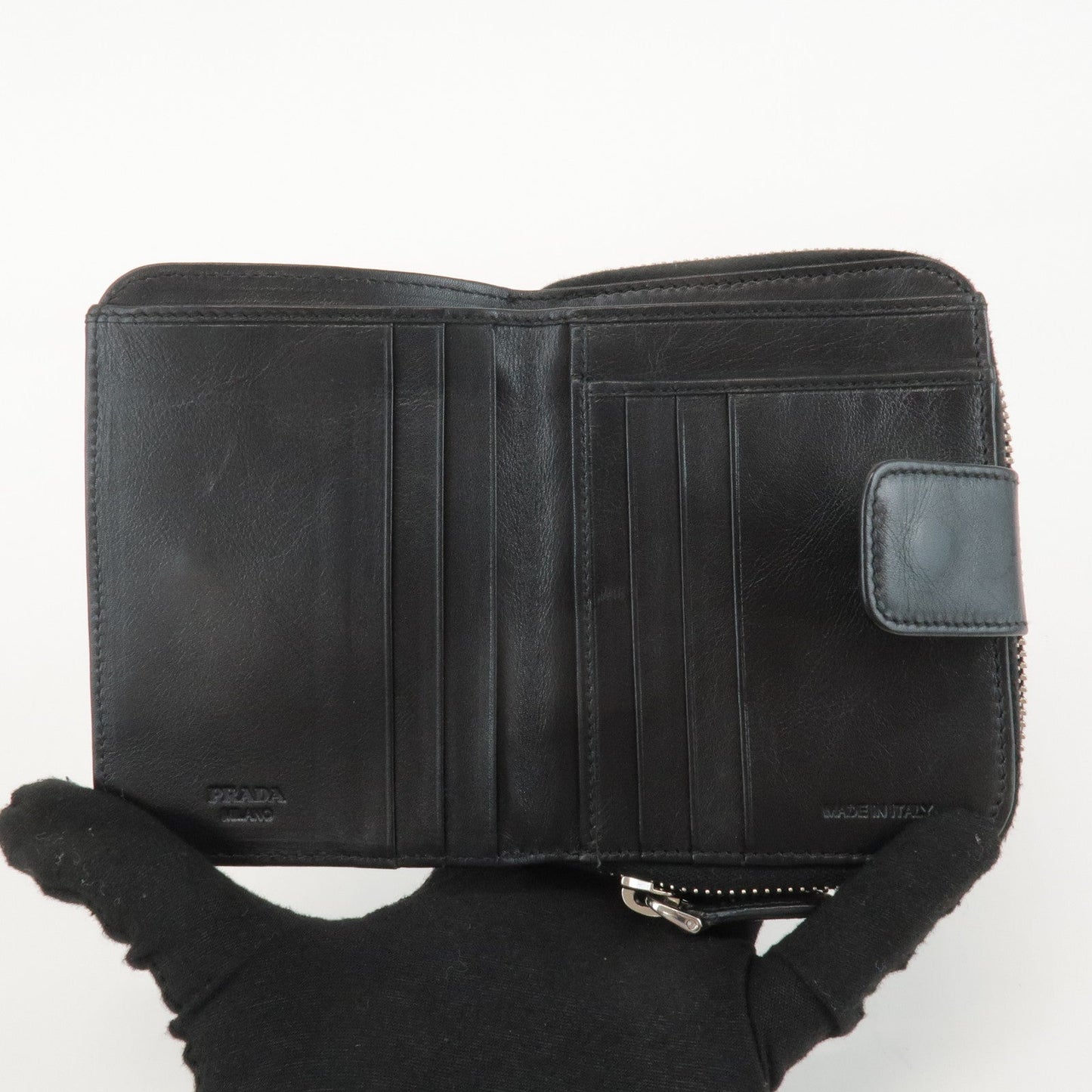 PRADA Logo Leather Round Zip Wallet Bijou Black  d