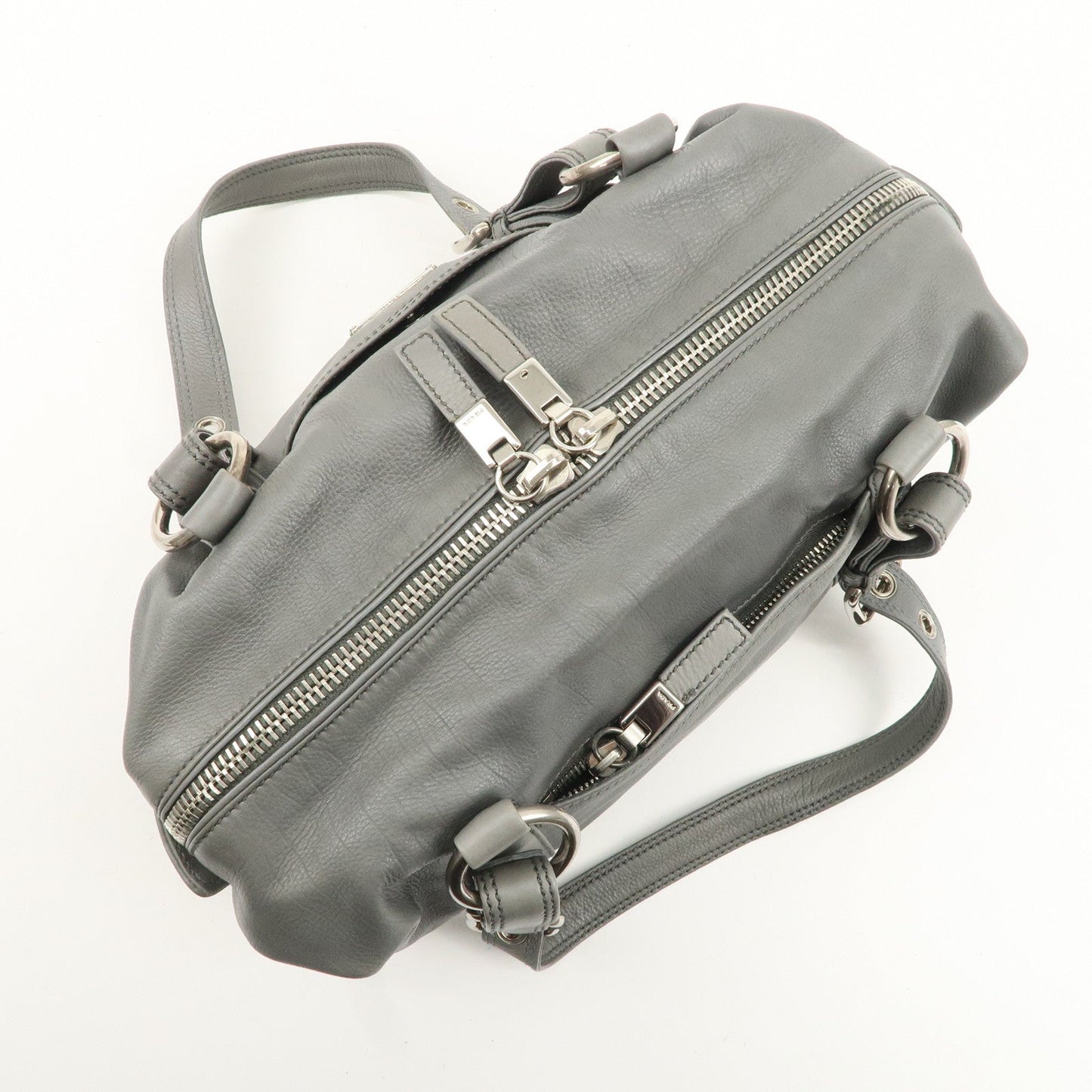 PRADA Leather Boston Bag Shoulder Bag Gray Silver Hardware  d