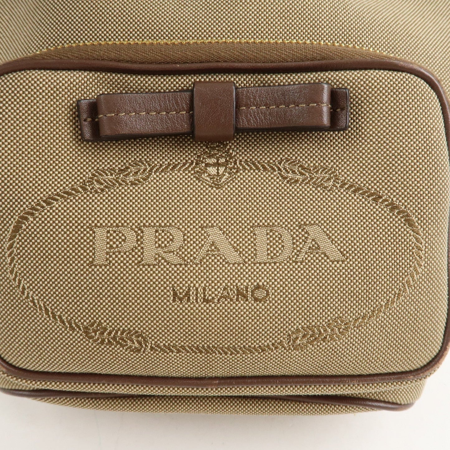PRADA Logo Jacquard Leather Drawstring Shoulder Bag Beige 1BH038  d