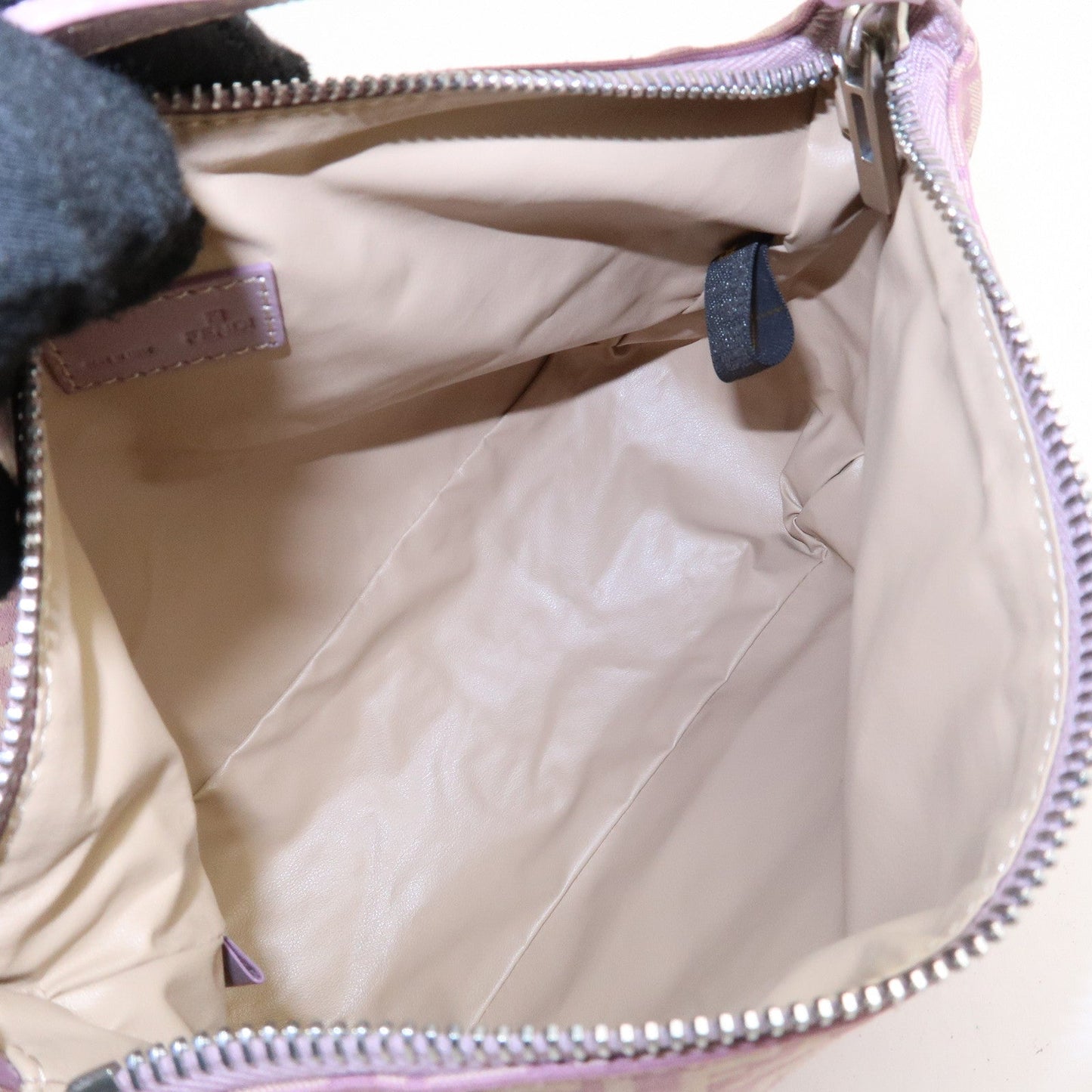 Auth FENDI  Zucchino Canvas Leather Hand Bag Pouch Purple Beige 8N0005  d F/S  d