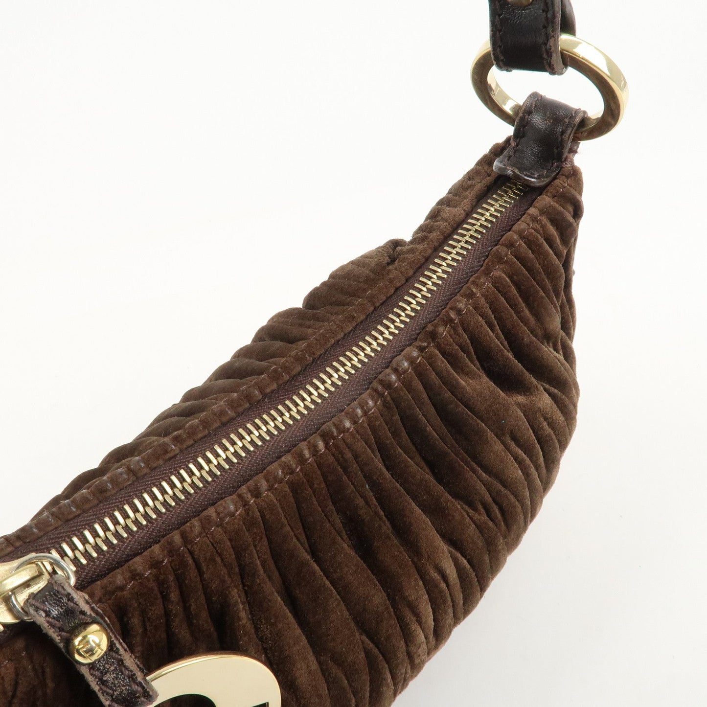 FENDI Suede Leather Gathered Shoulder Bag Dark Brown 8BR454  d