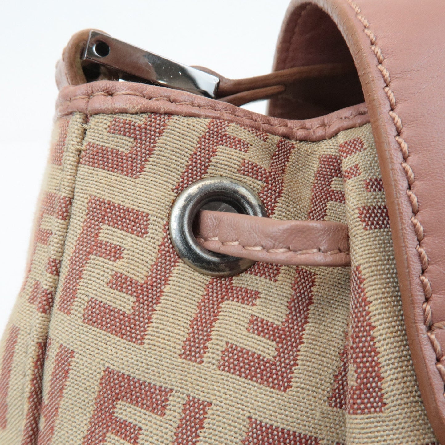 FENDI Zucchino Canvas Leather Shoulder Bag Beige Pink 8BR282  d