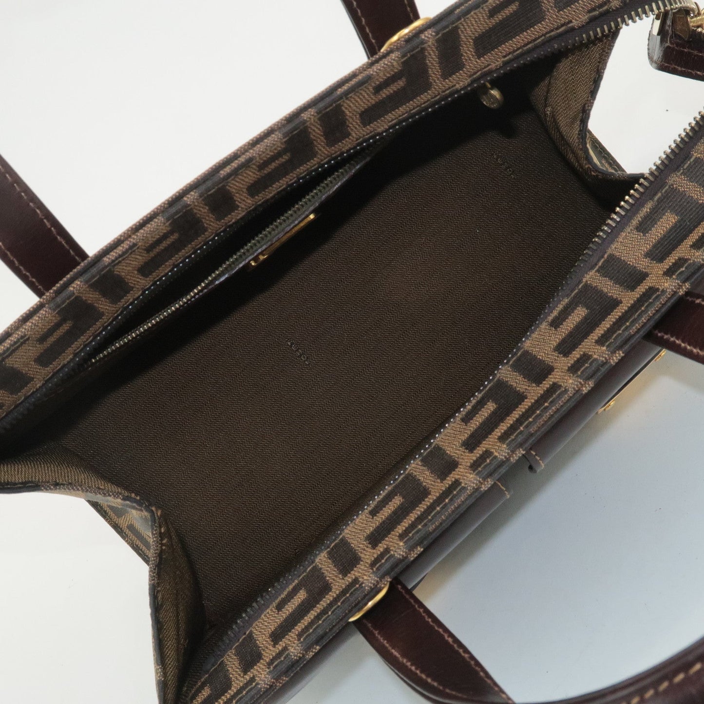 FENDI Zucca Canvas Leather Boston Bag Hand Bag Brown Black  d