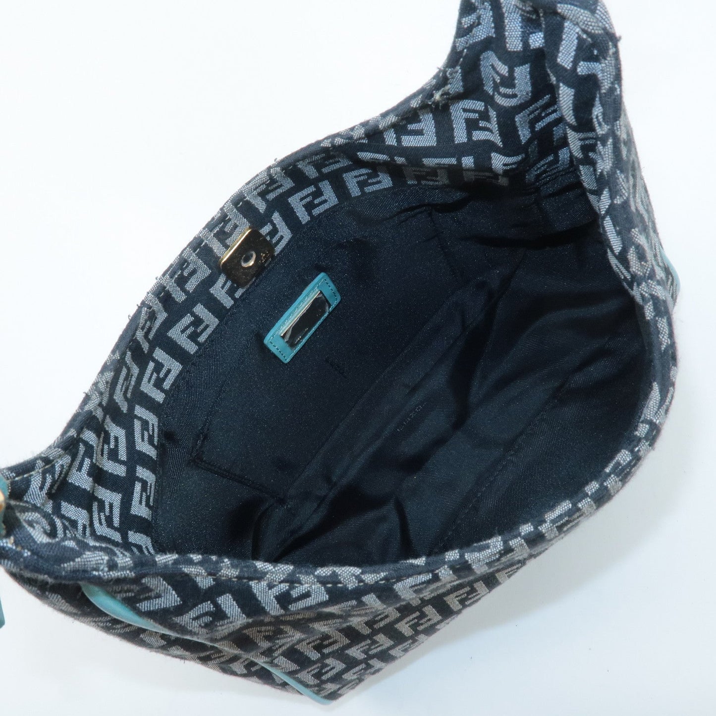 FENDI Zucchino Canvas Leather Shoulder Bag Black White Blue 8BR158  d