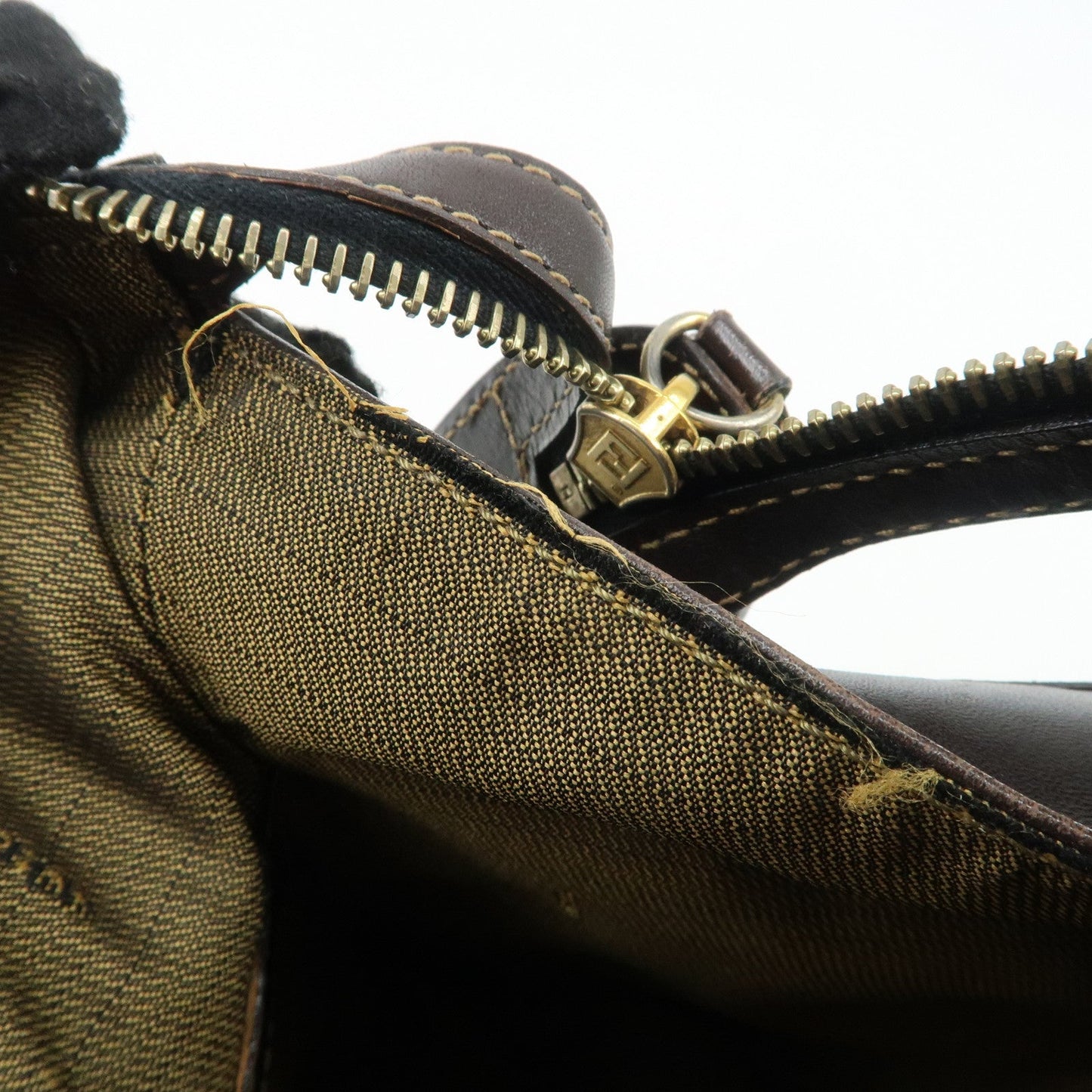 FENDI Zucca Canvas Leather Hand Bag Brown Black  d