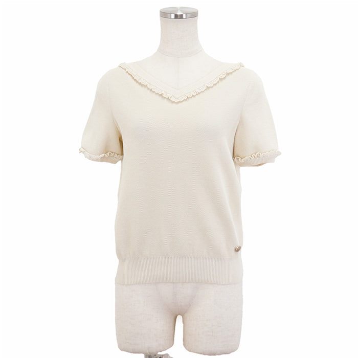 Chanel V-Neck Frill Knit Top Ivory