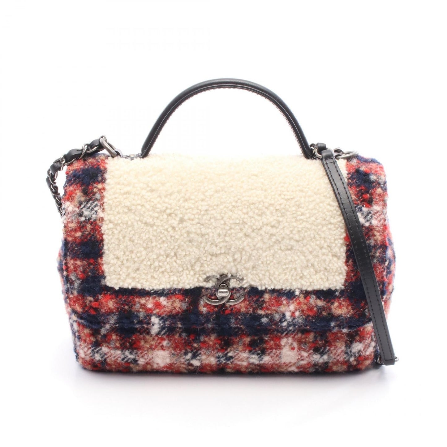 Chanel Top Handle Shearling Wool Leather 2way Bag