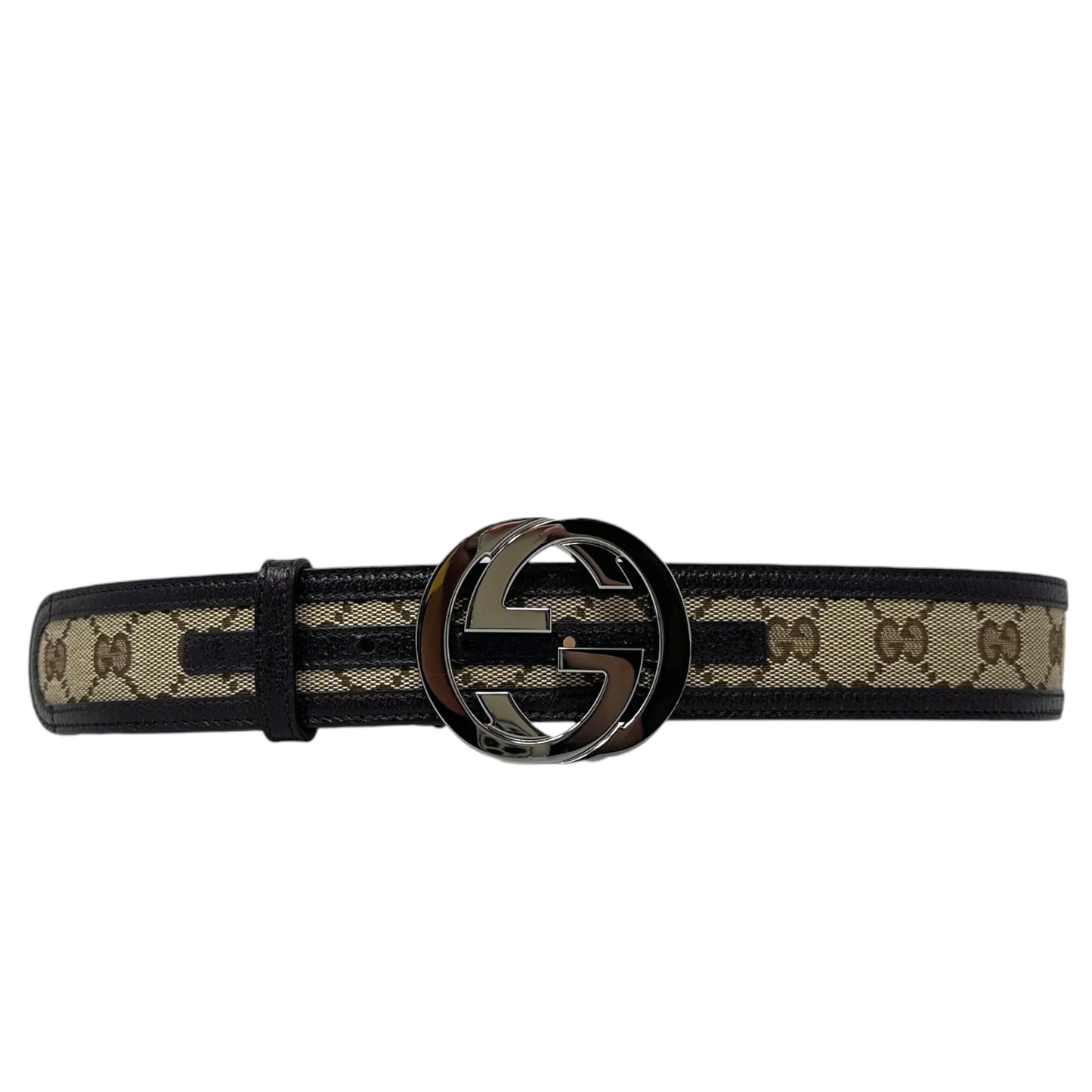 GG Supreme Leather Trimmed Interlocking G Buckle Belt Luxury Designer By Gucci In Brown Monogram Canvas/Leather, Size: Small
