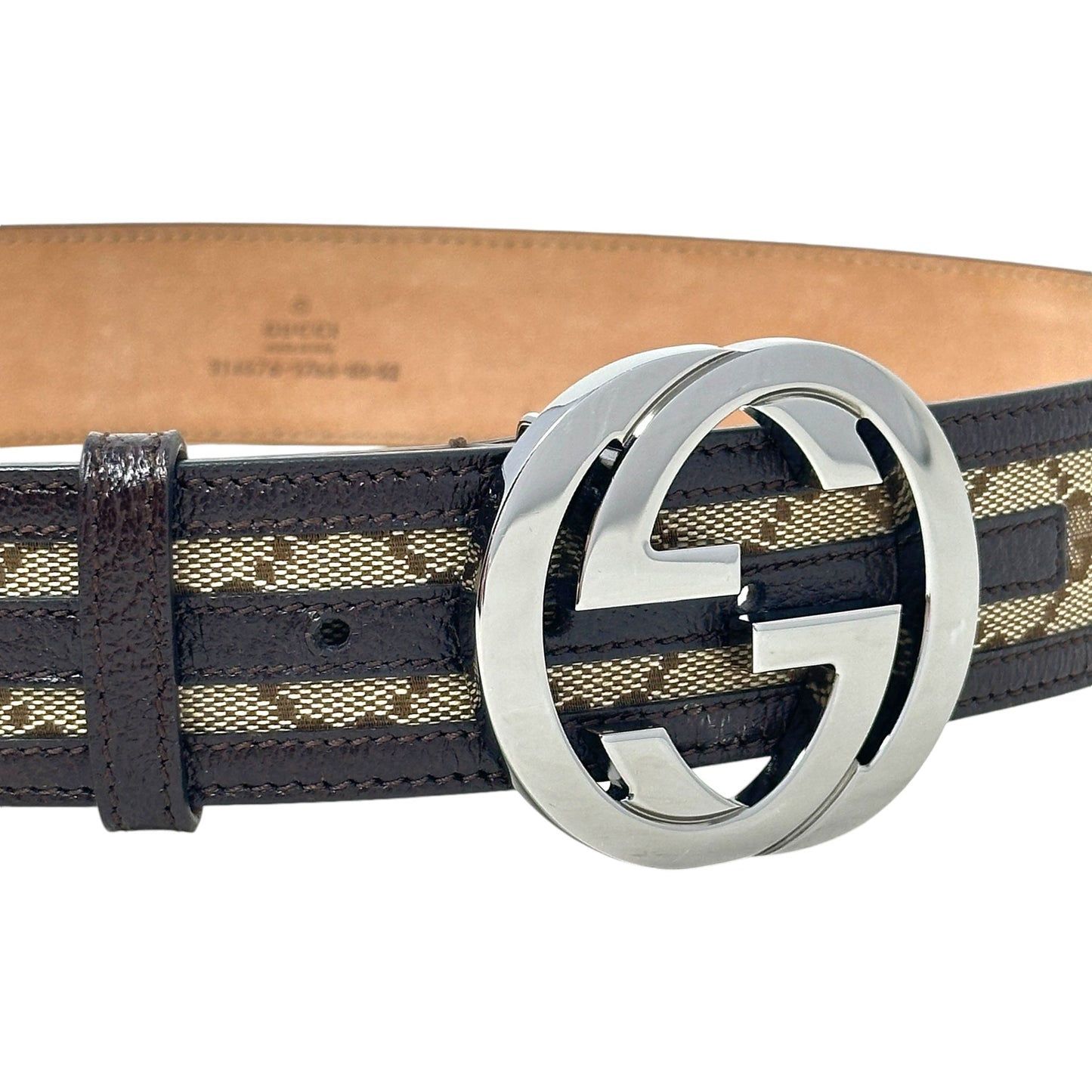 GG Supreme Leather Trimmed Interlocking G Buckle Belt Luxury Designer By Gucci In Brown Monogram Canvas/Leather, Size: Small