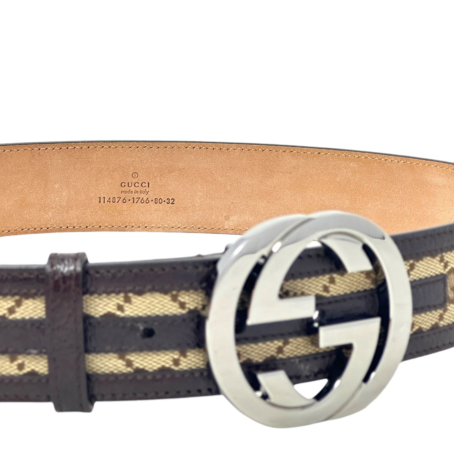 GG Supreme Leather Trimmed Interlocking G Buckle Belt Luxury Designer By Gucci In Brown Monogram Canvas/Leather, Size: Small