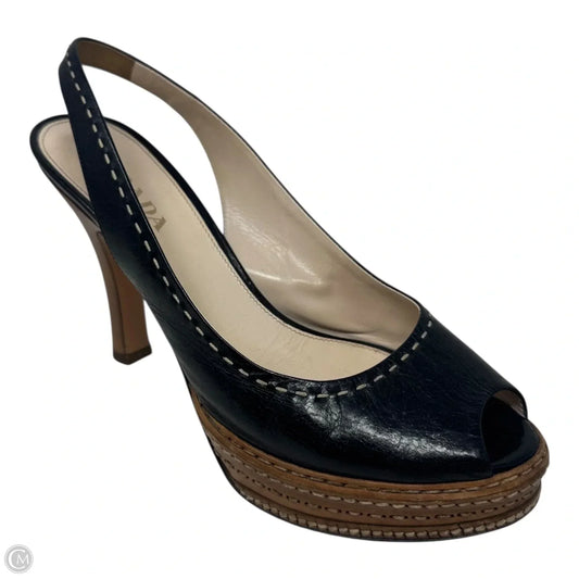Whipstick Slingback Peep Toe Heels Shoes Luxury Designer By Prada In Black, Size: 8