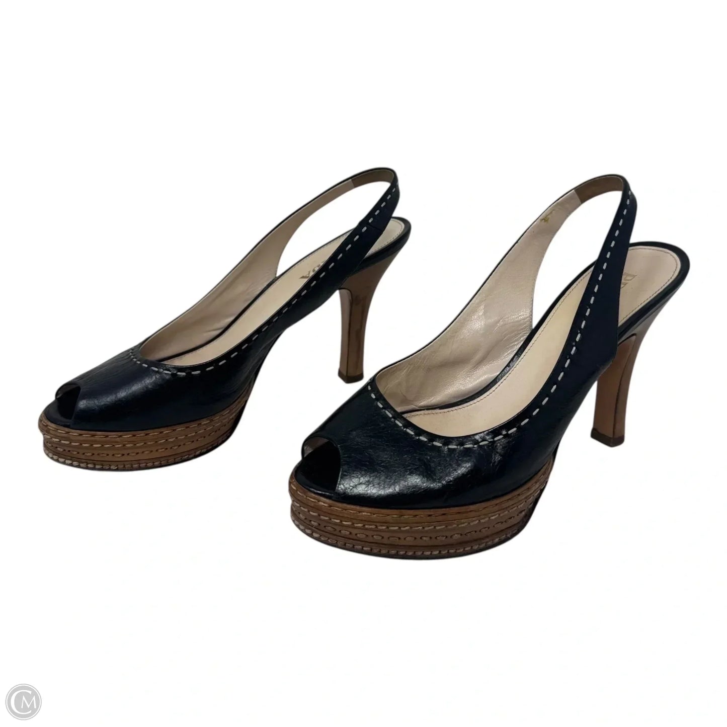 Whipstick Slingback Peep Toe Heels Shoes Luxury Designer By Prada In Black, Size: 8