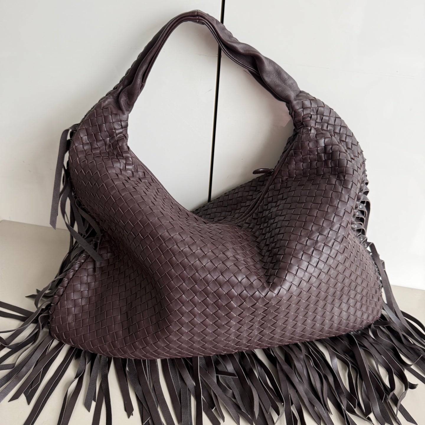 Bottega Veneta Veneta Fringed Hobo Maxi Dark Chocolate Brown 51cm Lambskin Leather Removable Fringes