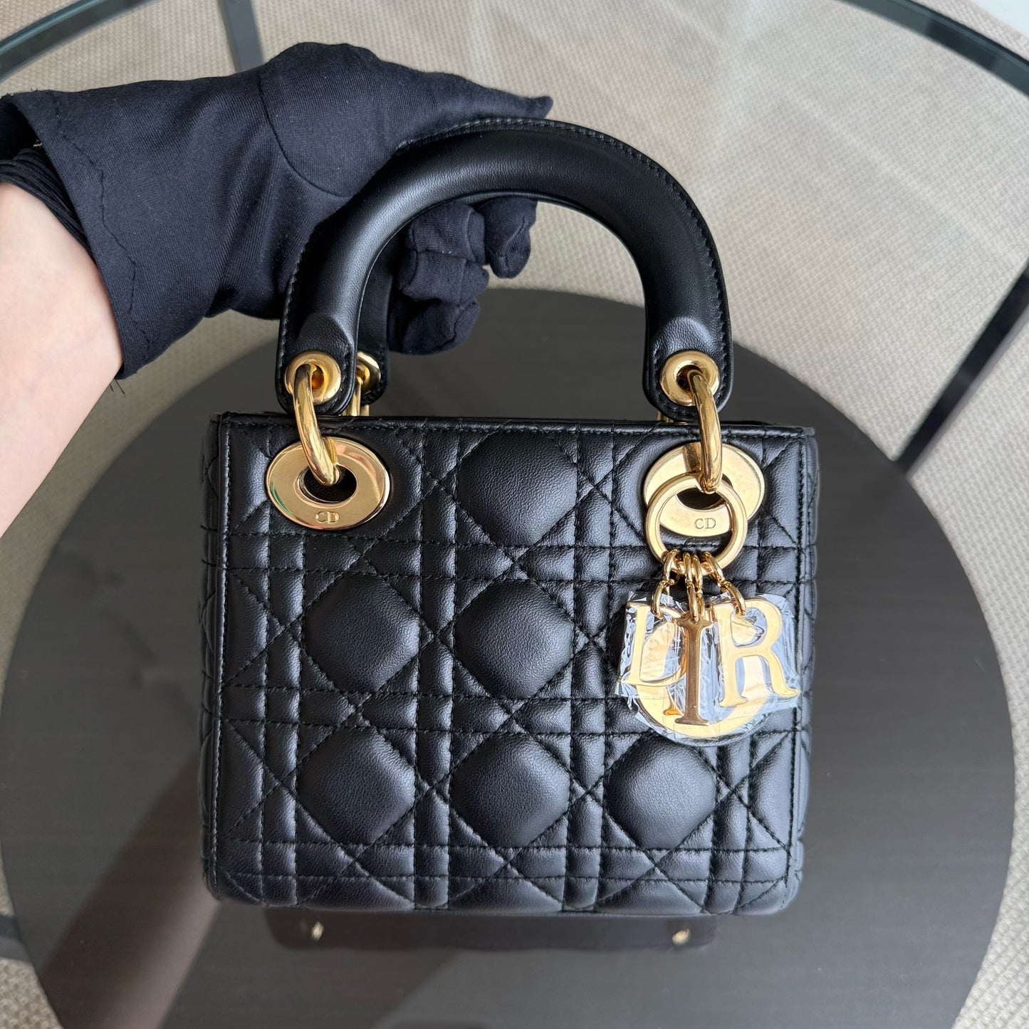 Dior Lady Mini - Cannage Lambskin Black Gold Hardware Adjustable Strap