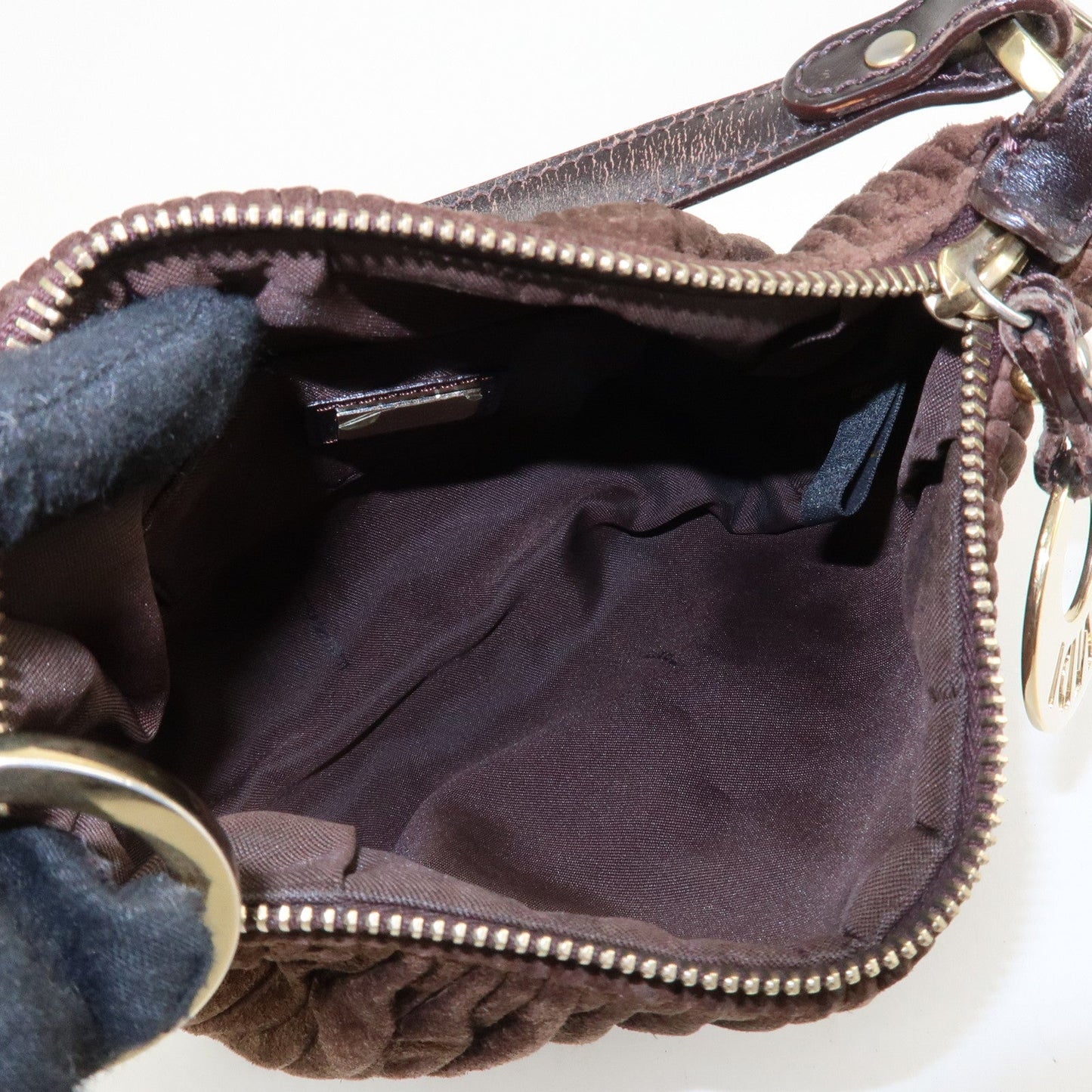 FENDI Suede Leather Gathered Shoulder Bag Dark Brown 8BR454  d